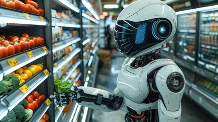 Modern humanoid robot arranging fresh vegetables on a supermarket shelf. Integration of advanced robotics in retail and grocery management
