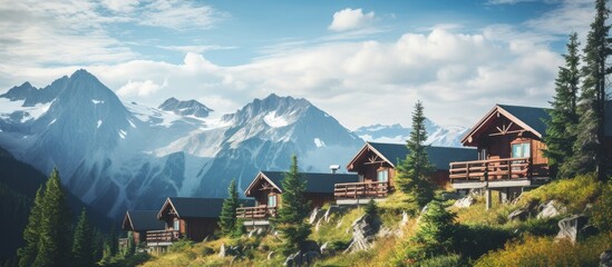 Fototapeta premium Small huts in the mountains. Creative banner. Copyspace image