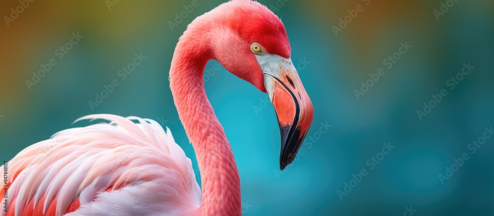 Poster wildlife concept close up portrait of pink flamingo in the zoo image contains copy space