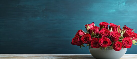 Bouquet of crimson spray roses in ceramic bowl on grey wooden table against blue shabby wall. Creative banner. Copyspace image