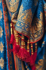 Obraz premium Close-up of traditional ornate fabric with vibrant blue and gold patterns, adorned with red tassels. Rich cultural textile detail.