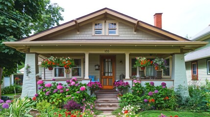 charming bungalow with a front porch, flower garden, and traditional design