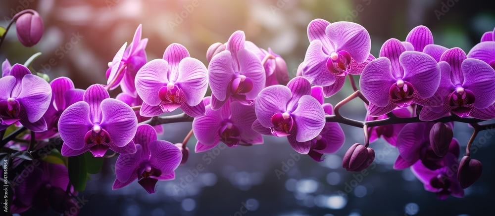 Sticker Purple orchids on nature background. Creative banner. Copyspace image