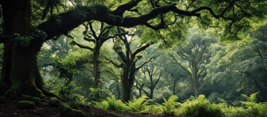 Two old oaks and fern. Creative banner. Copyspace image
