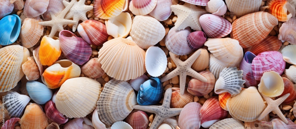 Poster very beautiful seashells seashells of different colors. creative banner. copyspace image