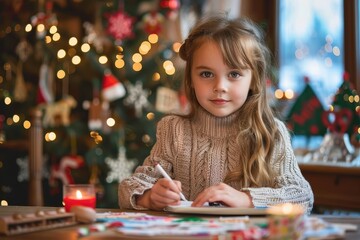 Fototapeta premium Concentrated young girl writing holiday cards with a Christmas tree in the background