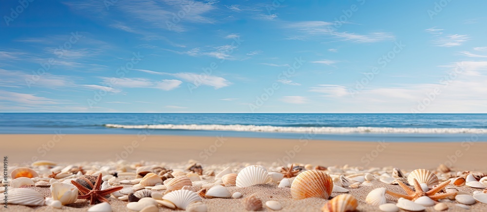 Poster shells on the beach in sand. creative banner. copyspace image