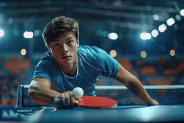 A young male table tennis player intensely eyes the ball, showcasing his competitive spirit within the sports arena