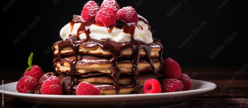 Poster cake of pancakes pancake chocolate cake with whipped cream and raspberries. creative banner. copyspa