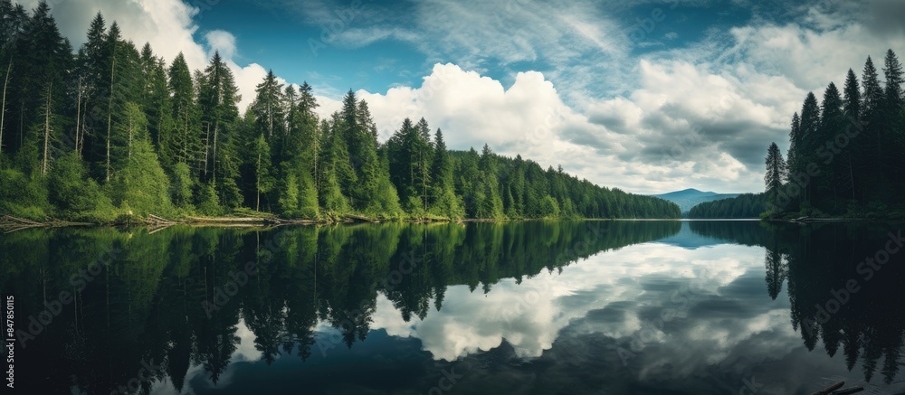 Aufkleber clouds and forest are reflected in the water mirror. creative banner. copyspace image