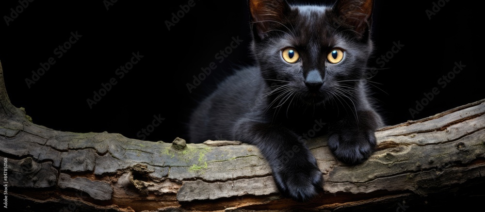 Wall mural young black cat on a tree. Creative banner. Copyspace image - Wall murals