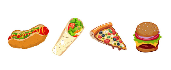 Vector street fast food illustration on a white background. Cartoon food illustration. Realistic food. Hotdog, hamburger, pizza and shawarma