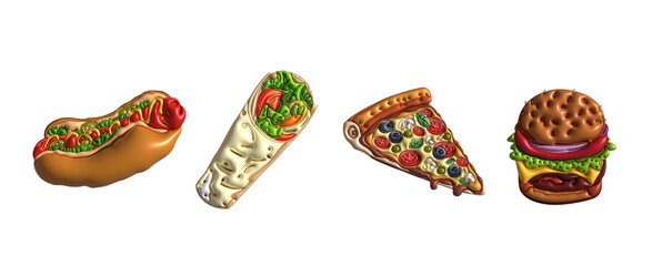 Vector street fast food 3D illustration on a white background. Cartoon food illustration. Realistic food 3D. Hotdog, hamburger, pizza and shawarma