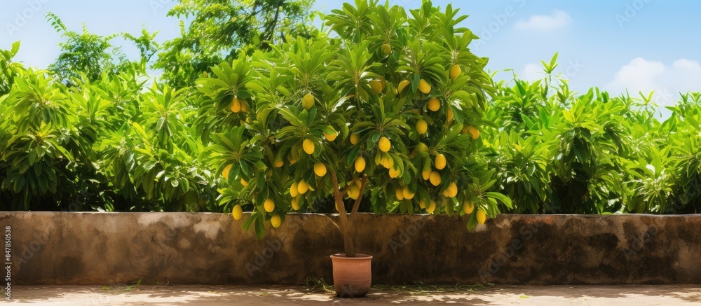 Poster a litle mango tree in the garden. creative banner. copyspace image