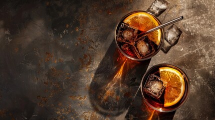 Two glasses of whiskey and cola with orange slices on a rusty table. High quality food photography. copy space. dark concrete background, top view