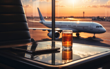 Businessman is waiting for his flight, enjoying a refreshing drink at sunset