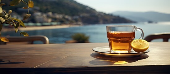 Cup of tea with lemon is on glass table Beach cafe outdoors in sea resort with view of mountains...