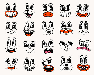 Retro cartoon characters funny faces.