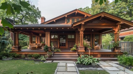 Fototapeta premium charming craftsman bungalow with intricate wood details, a covered porch, and a small garden
