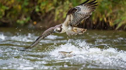Hawk hunting fish in clear blue sky, nature wildlife photography
