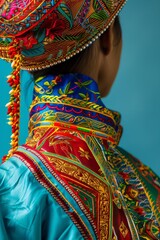 Obraz premium Colorful traditional clothing with intricate embroidery and beadwork, back view of person wearing cultural attire against blue background.