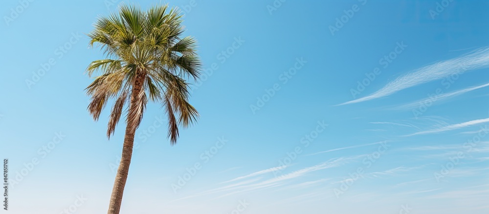 Aufkleber view of a green palm tree against the blue sky. creative banner. copyspace image
