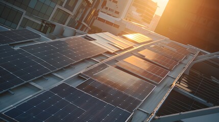 Obraz premium Solar panels on urban rooftop at sunset reflecting golden sunlight in city skyline setting