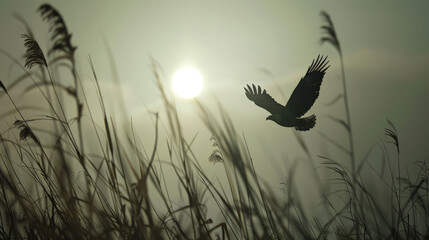 Bald eagle soaring through Maryland's Eastern Shore at sunrise