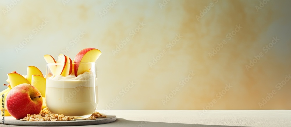 Poster yogurt with apples on a light background. creative banner. copyspace image