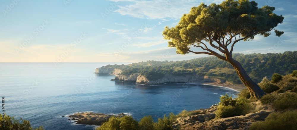 Aufkleber dawn over the sea bay trees on a cliff in the distance. creative banner. copyspace image
