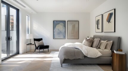 Fototapeta premium Modernist Master Bedroom: Herringbone White Oak Flooring, Soft Blue Accent Wall