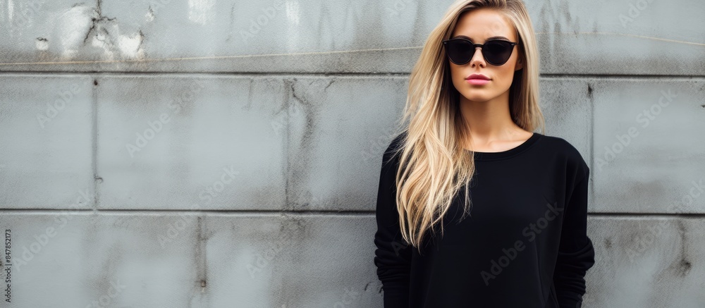 Wall mural Portrait of trendy casual young woman in black wear and sunglasses with long blond hair posing near urban wall along. Creative banner. Copyspace image