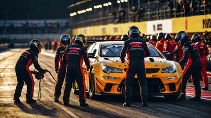 Obraz premium Professional pit crew ready for action as their team's race car arrives in the pit lane during a pitstop of a car race, concept of ultimate teamwork