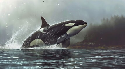 Fototapeta premium Powerful Killer Whale Breaching the Ocean Surface, Orcinus Orca, Majestic Adult in Action