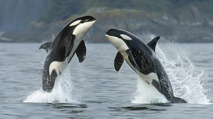 Obraz premium Pair of Killer Whales (Orcinus orca) Leaping Out of the Ocean in Coastal Waters of Canada