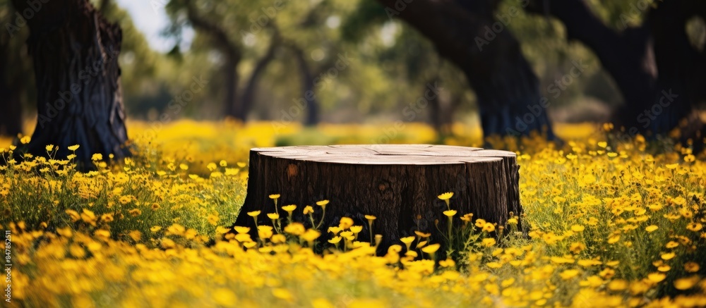 Poster a tree stump carved as a round bench surrounded by yellow wildflowers. creative banner. copyspace im