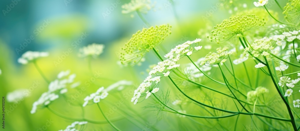 Aufkleber Close up view of the blooming dill arrow with the green blurred background Top view side view Shallow depth of field. Creative banner. Copyspace image
