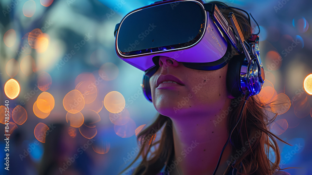 Poster Explore virtual reality technology enhancing music festivals, allowing attendees to experience live performances from any vantage point within the virtual venue. Generative AI.