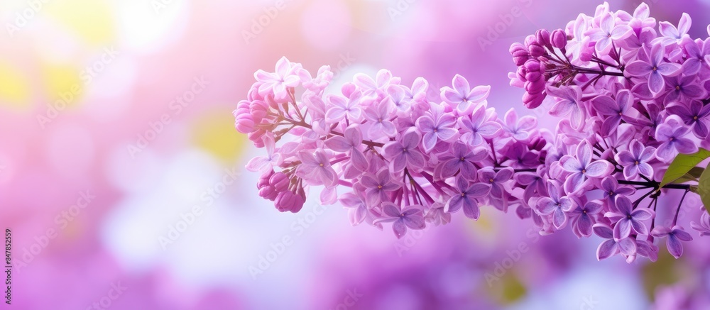 Poster springtime background beautiful blossom tree violet flowers selective focus. creative banner. copysp