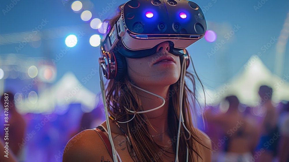 Poster explore virtual reality technology enhancing music festivals, allowing attendees to experience live 