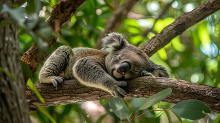 Fototapeta premium Sleeping Koala Resting Peacefully in Eucalyptus Tree, Australian Wildlife Scene