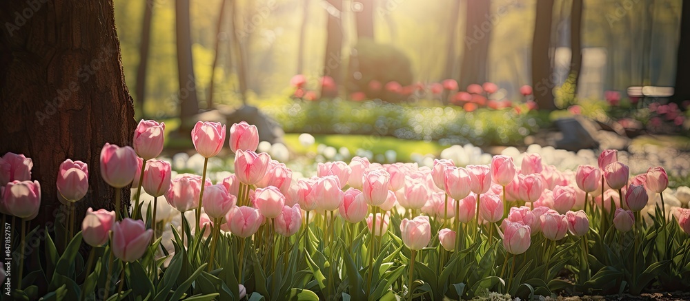 Wall mural beuatiful sweet pink tulips flower growing and blossom in spring season field with green leaves and 