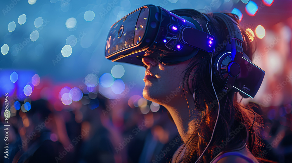 Poster Explore virtual reality technology enhancing music festivals, allowing attendees to experience live performances from any vantage point within the virtual venue. Generative AI.