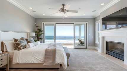 Master bedroom in modern home with fireplace, large ocean-view windows, white marble and wood accents, beige carpet, showcasing high-end interior design photography.