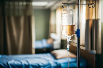 IV stand with clear liquid drip bag in calm hospital room with natural light.