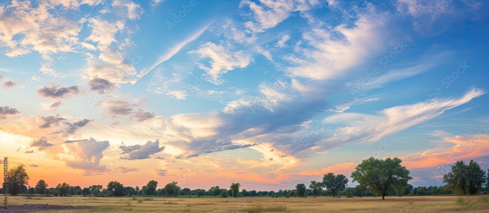 Aufkleber sunset with altocumulus clouds over blue sky at a park. creative banner. copyspace image