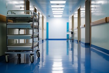 Clean, well-lit hospital corridor with medical cart, shiny blue floor, and bright open space.