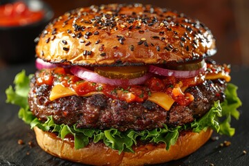 "Gourmet Burger Delights: Juicy, Fresh Ingredients for Restaurants, Food Blogs, Ads"