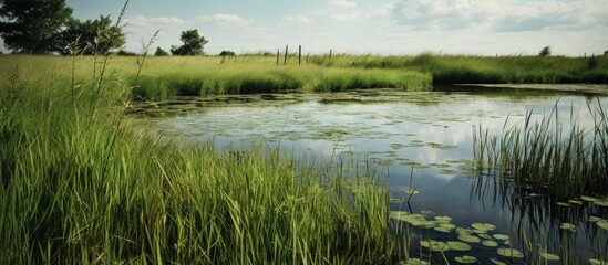 Obraz premium Small pond with grass and weeds in it. Creative banner. Copyspace image