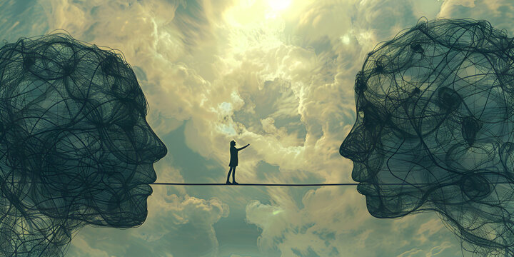 Surreal Art of Man Bridging Two Ethereal Heads in Cloudy Sky Creating a Dreamlike and Thought Provoking Scene